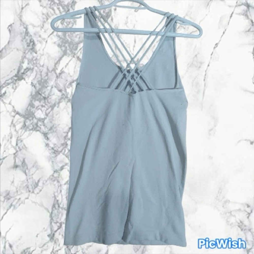 Seamless Activewear cross detail on back, gray tank top, size small